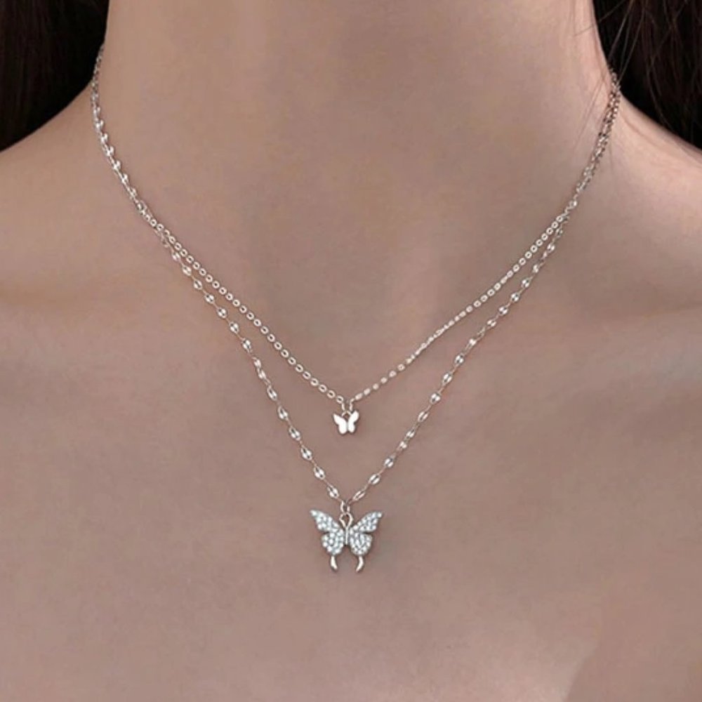 *925 Sterling Silver Diamond Butterfly Necklace D3